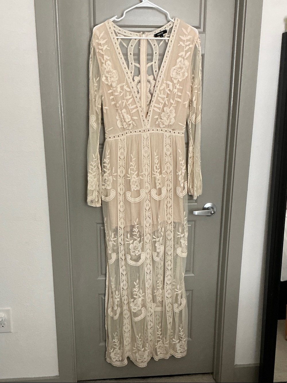 Elegant Cream Long Sleeve Embroidered Maxi Dress